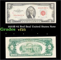 1953B $2 Red Seal United States Note Grades vf+