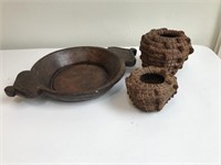 Hand Carved Wooden Bowl & Pine Needle Basket