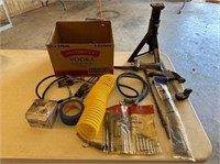 LOT OF AIR HOSE, ALLEN WRENCHES, JACK STAND &