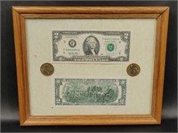 Two Framed $2 Bills and John Adams Dollar Coins