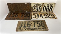 (5) vintage metal Virginia license plates ranging