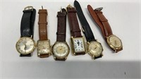 (6) Leather banded watches: (5) gold filled