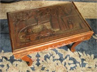 Vtg Carved Wood Collapsible Asian Table W/Glass