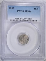1852 THREE CENTS SILVER PCGS MS64