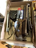 Box of Antique Hand tools, Drill, Hammer, Level,