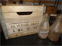 Silverside Dairy wood milk crate & 2 milk bottles