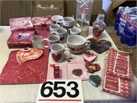Valentines decor - lunch bags, napkins, perfume,