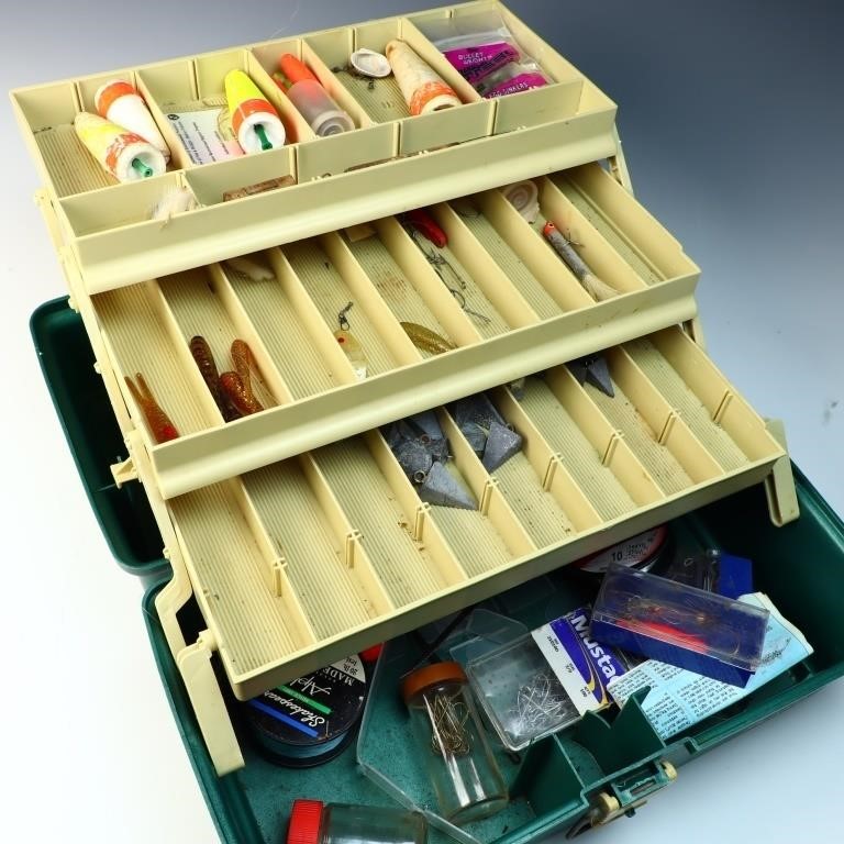 Vintage Plano and Victor tackle boxes with content