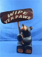 Hand Carved Wooden Bear w/Wipe Yer Paws Sign