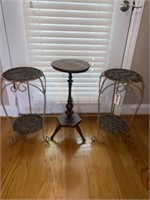 Trio of plant stands one wooden two wicker and