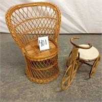 Wicker childs chair, wicker bicycle