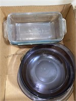 Box of Glass baking dishes and thermos coffee