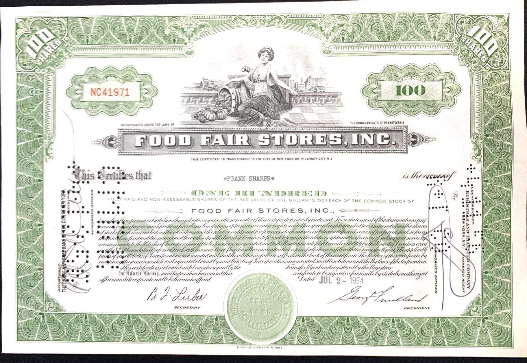 100 Shares Food Fair Stores Inc. Stock Certificate