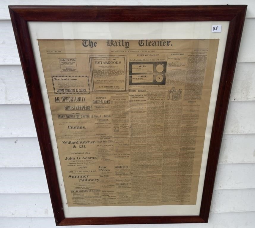 INTERESTING FRAMED DAILY GLEANER NEWSPAPER 1896