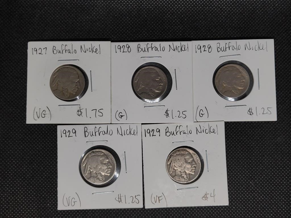 5- Buffalo Nickels: 1927, 2-1928, & 2-1929