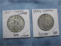 1937 & 1943 Silver Walking Liberty Half Dollars