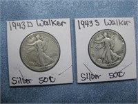 1943D & 1943S Silver Walking Liberty Half Dollars