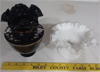 2pc FENTON signed black amethyst vase silvercrest