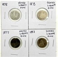 (4) Seated Liberty Dines 1856, 1873, 1877, and