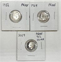 (3) Roosevelt Dime Proofs 1962, 1964, and 2004