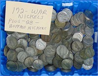 172 35% Silver War Nickels. 28 Buffalo Nickels.