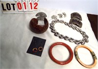 earrings pin set, burl bracelet, necklace,