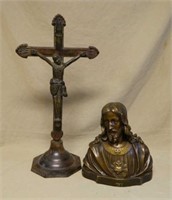 Metal Crucifix and Sacred Heart of Christ Bust.