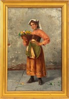 G. Finoli Flower Seller Oil on Canvas Board