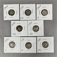 Eight Various Date Mercury Head Dimes -90% Silver