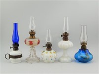 Group of 5 Miniature Oil Lamps.Cobalt Milk Glass