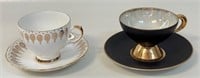 TWO CHIC BONE CHINA CUPS & SAUCERS W GOLD DETAIL