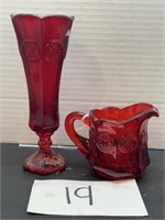 Vintage Fostoria Red Coin Vase & Pitcher