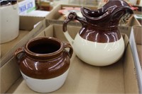 BROWN AND WHITE PITCHER AND BEAN POT