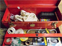 JOB LOT - METAL TOOL BOX, ROPE THIMBLES, ROPE,TAPE