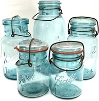 5 Ball Ideal Aqua Glass Mason Jars w/ Glass Lids