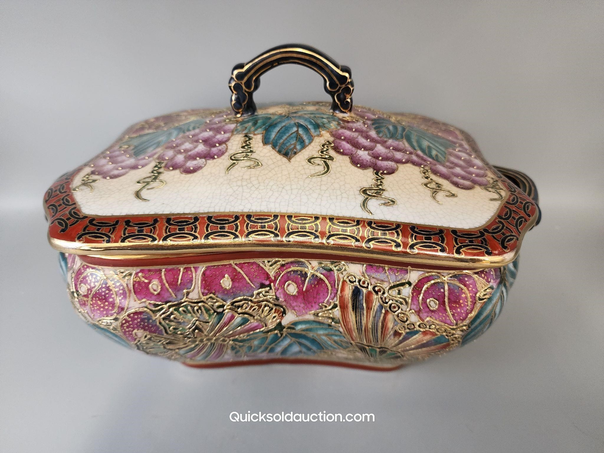 Large Antique Oriental Handled Lidded Dish