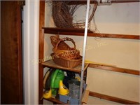 Wicker baskets, water can, plastic oil can,