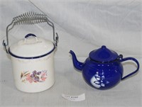 SMALL ENAMEL TEAPOT & ENAMEL PAIL W/WIRE HANDLE