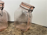 PINK GLASS CANISTER SET 4 1/2" SQ X 8"