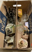 Box lot - glasses, rabbit figurines, feathers,