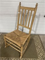 Vintage wood, rocking chair with rush seat