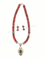 14k & Sterling Coral & Onyx Necklace & Earrings