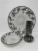 Silver Plate Trimmed Platter, Bowl, Vase