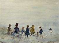 Watercolor of People on Beach, Unknown Artist.
