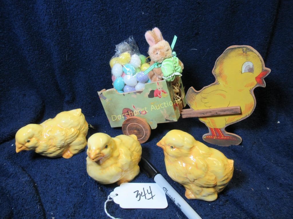 BOX LOT:  CERAMIC CHICKS, CART, + CHICK