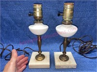 Pair: brass/milk glass vanity lamps (marble base)