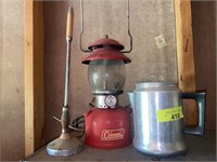 lantern, camp percolator and antenna
