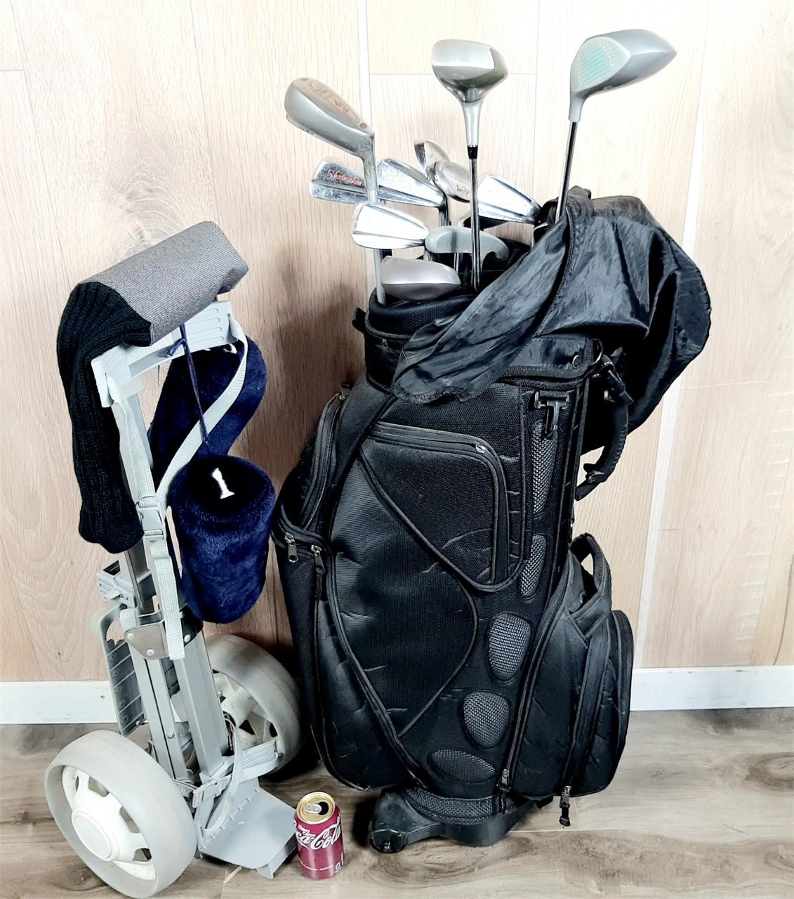 Sac de golf avec bâtons et caddy