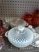2 Moonstone hobnail cover dishes