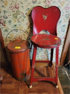 ANTIQUE METAL STOOL & CAN